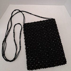 Valerie Stevens Black Beaded Evening Bag Purse w/ Long Beaded Strap